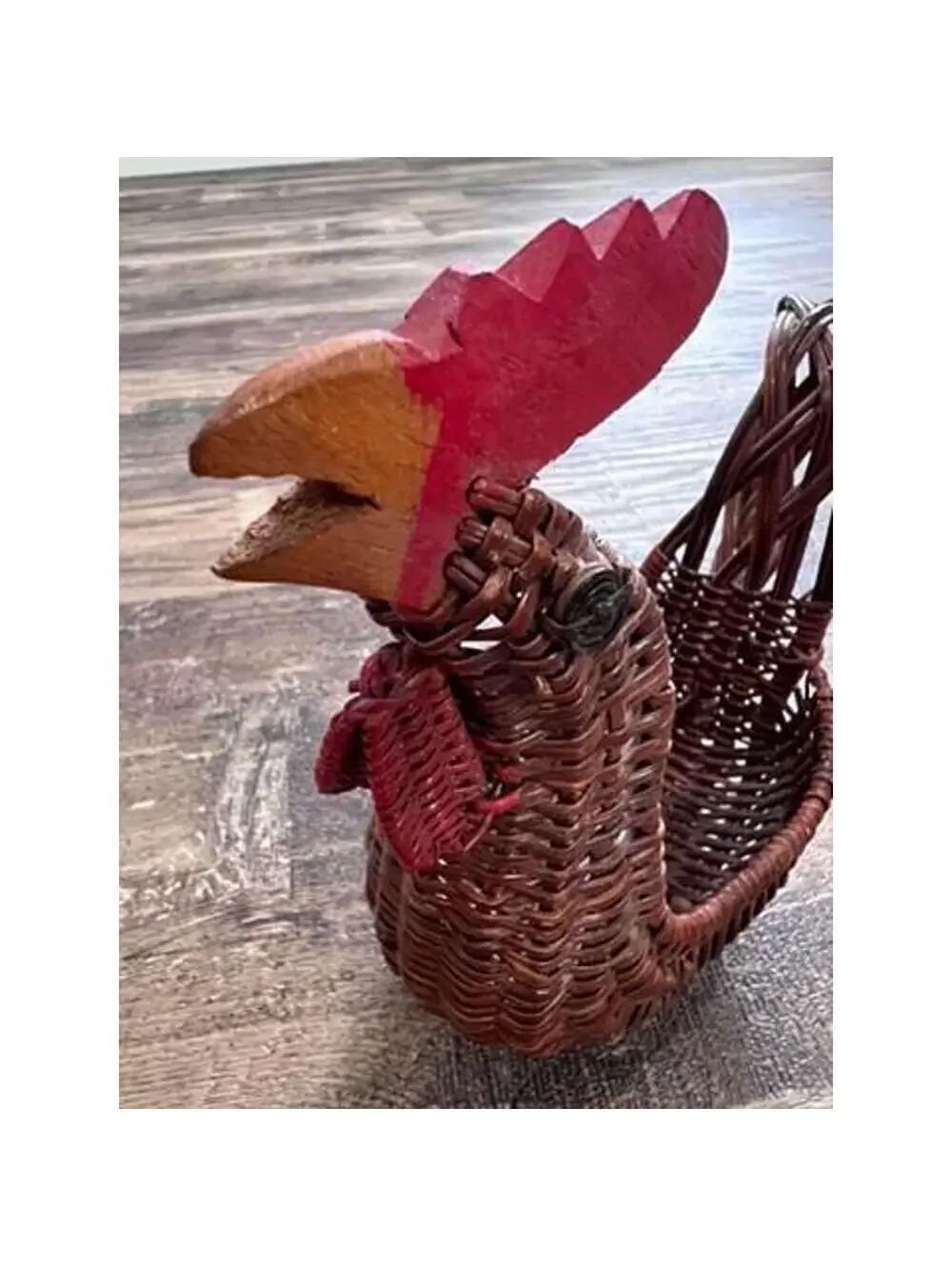Vintage Wicker Rooster Basket | Handwoven Chicken with Carved Wooden Head